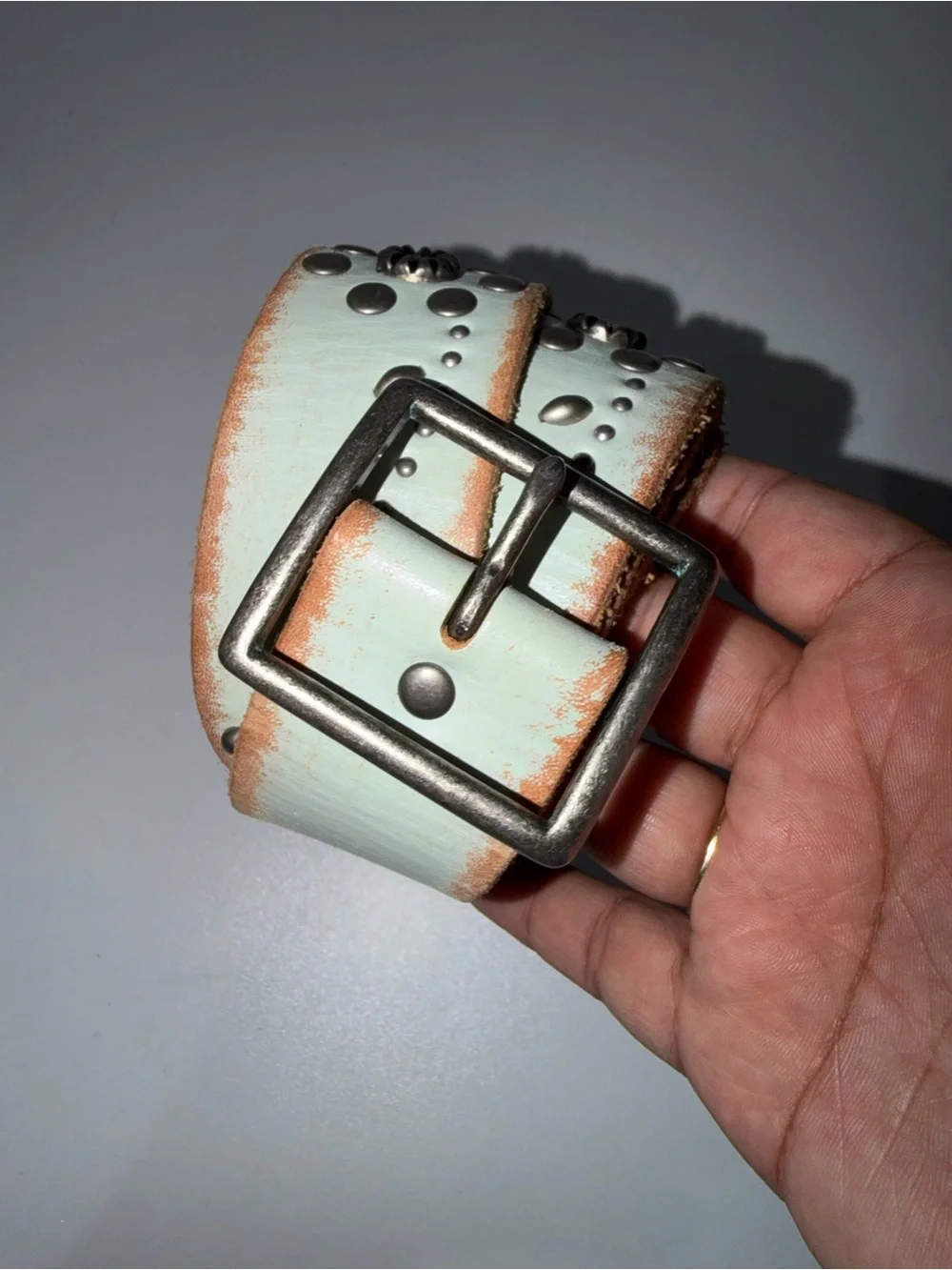 Linea Pelle Genuine Leather Belt Size L Studded Rhinestones Sea Green Y2K Hobo